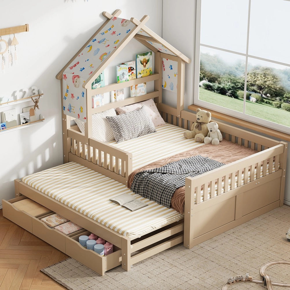 Letto a Casetta con Letto Estraibile, 3 Cassetti e Sponde ¨C Xylo ¨C Legno, Cream, 140x200