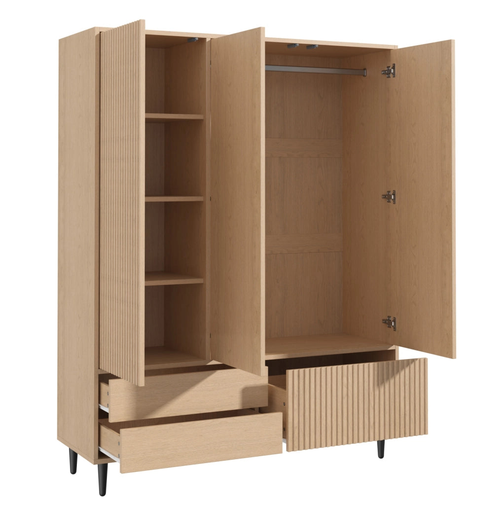 Armadio guardaroba 3 ante con specchio; 135x45x200 cm; 3 cassetti; MDF e acciaio bianco
