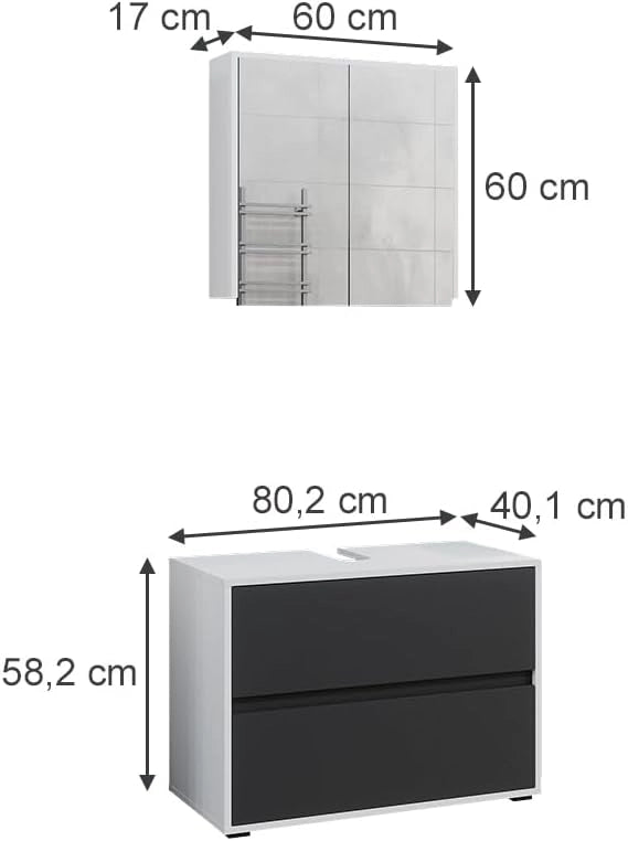 Set di mobili da bagno Maltin, Bianco/antracite, 80 cm, composto da specchio da bagno e mobile sottolavabo