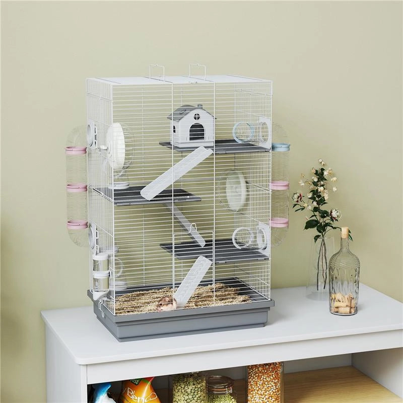 GABBIA PER CRICETI A 4 LIVELLI E 16 TUBI CON CASETTA, RAMPA, E ACCESSORI, IN METALLO E PLASTICA, 47X30X70 CM, GRIGIO