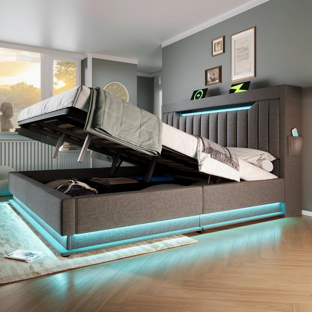 Letti contenitori 140x190 cm con LED e ricarica; spazio contenitore; lino; grigio (Senza materasso)