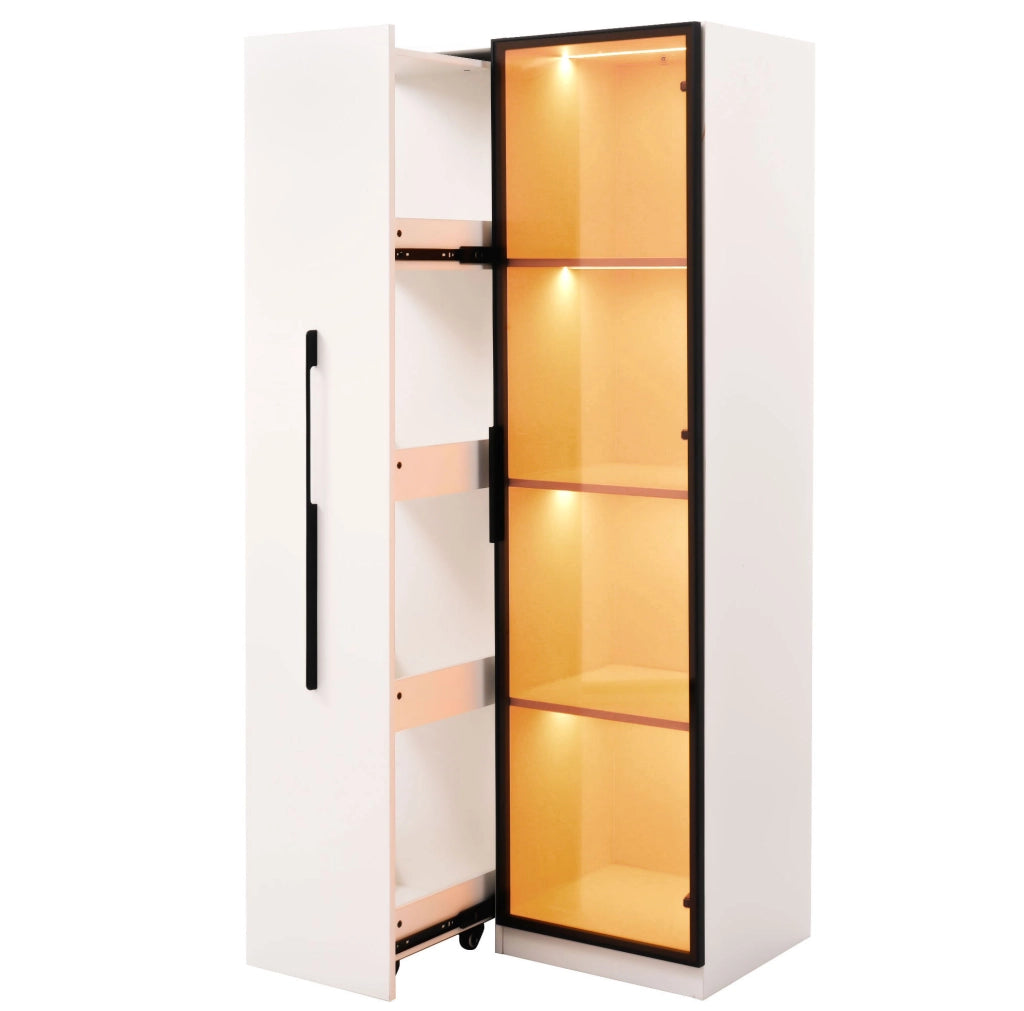 Mobile multifunzione bianco con libreria, vetrina LED e ruote