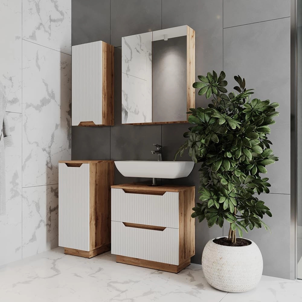 Set di mobili da bagno Lotta, Rovere/bianco a strisce, 4 parti