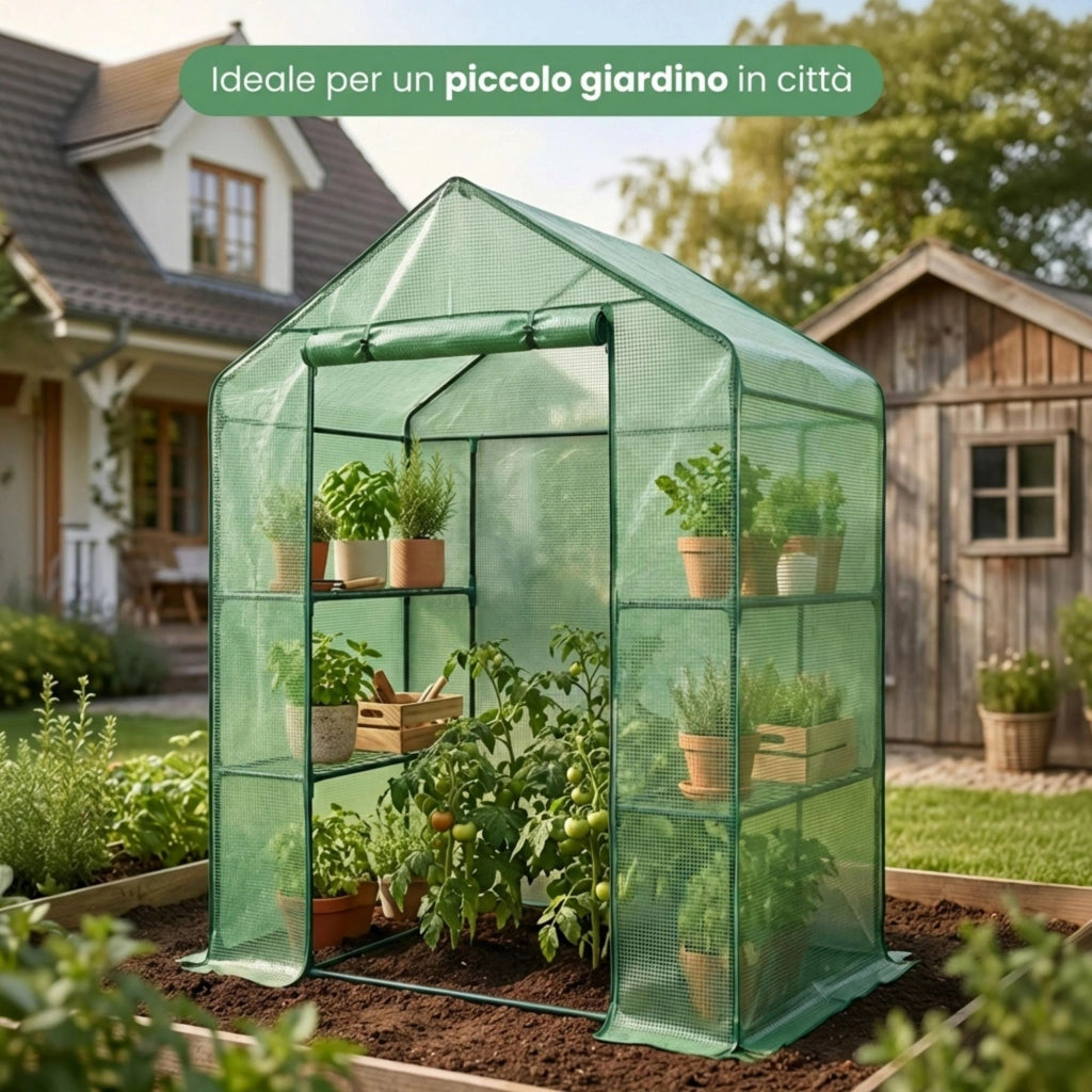 Mini serra da giardino a casetta con struttura in metallo e telo in PE con ripiani 1 porta Verde 143x73x195 cm