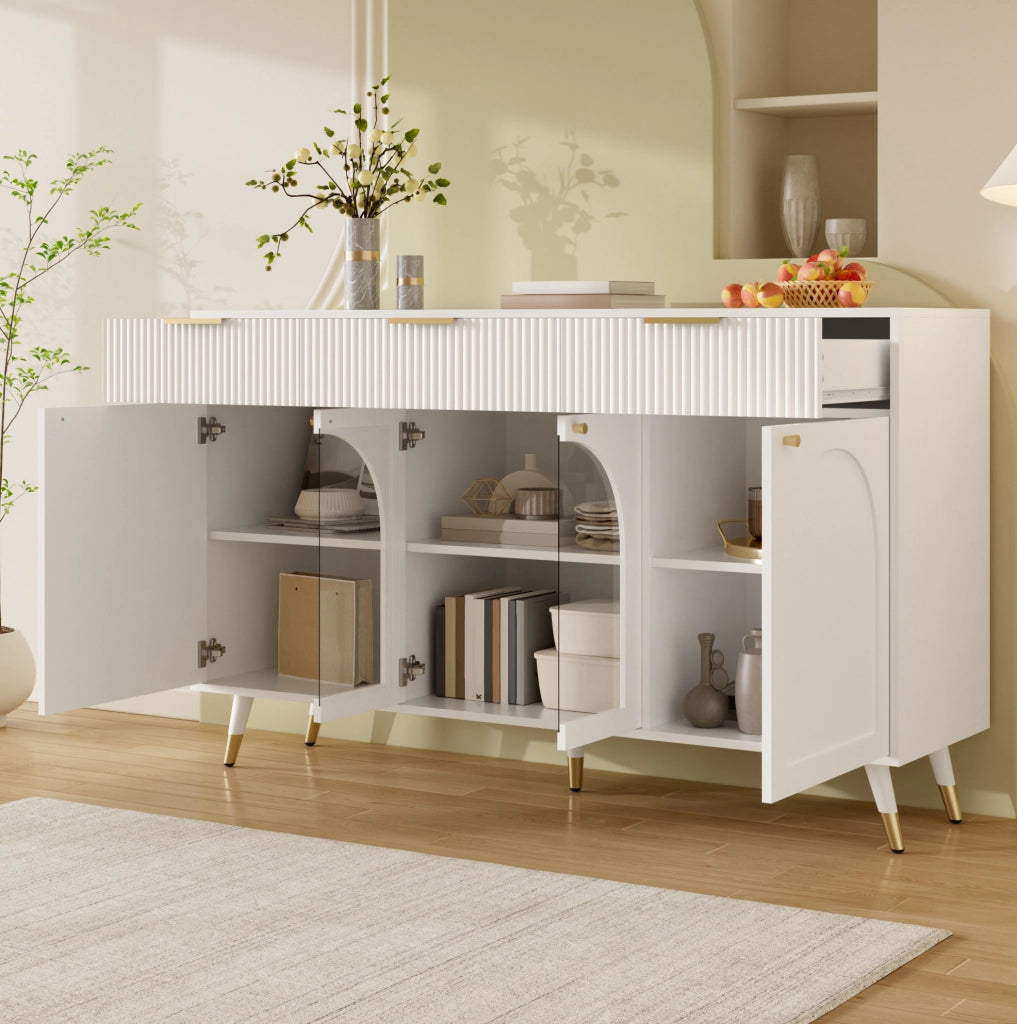 Credenza con 4 ante e 3 cassetti; inserti in acrilico; 140x40x85;5 cm; bianca