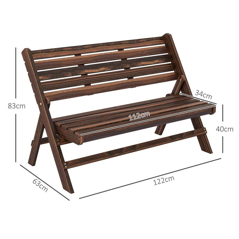 PANCHINA DA GIARDINO 2 POSTI PIEGHEVOLE A DOGHE IN LEGNO DI PINO, 122X63X83 CM, CARBONIZZATO
