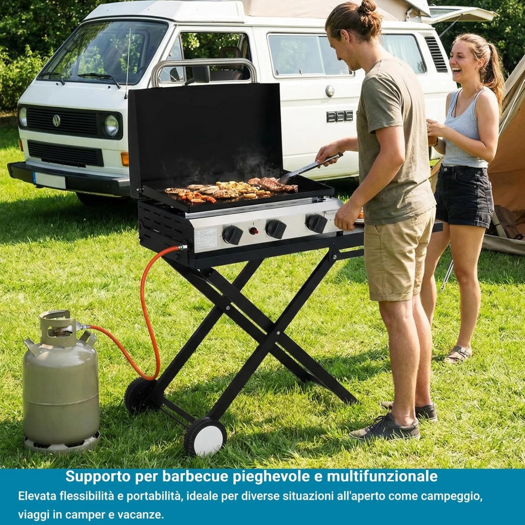 Carrello Barbecue Pieghevole con Ripiano Staccabile, 102x39cm Supporto Portatile con 2 Ruote, Tavolo Stabile per BBQ, per Esterno da Campeggio, Picnic e Giardino, Montaggio Facile, Nero