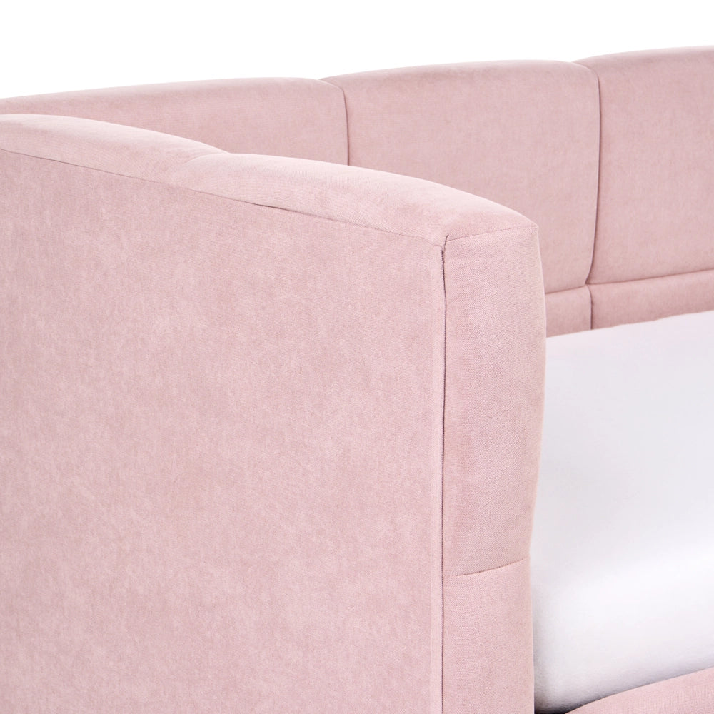 Divano letto imbottita in tessuto rosa lato sinistro 90x200 cm con pouf contenitore a forma di L
