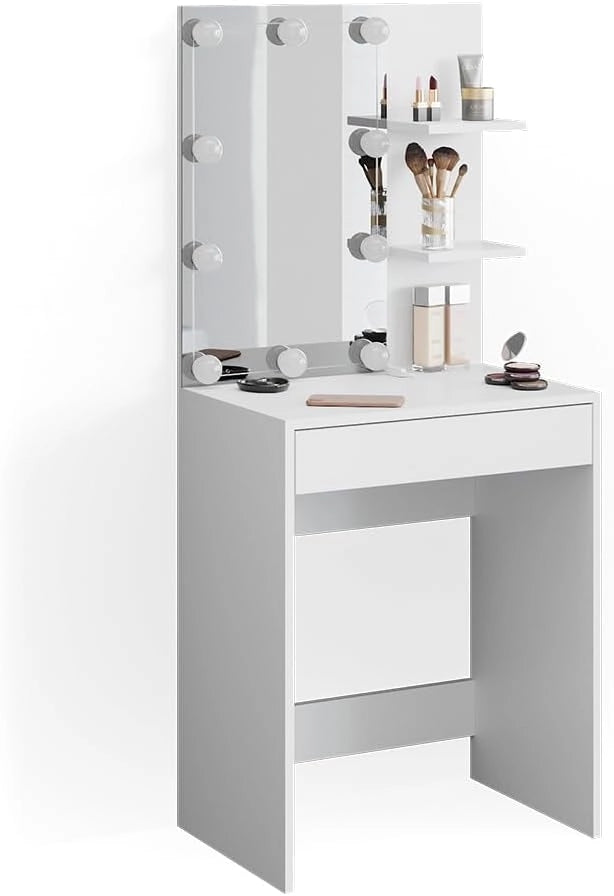 Tavolo da toeletta Isabelle, Bianco, 60 cm con illuminazione a LED, Salvaspazio e funzionale allo stesso tempo