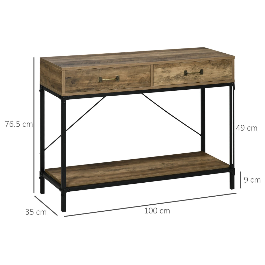 Tavolo consolle industriale marrone con 2 cassetti e ripiano, 100 x 35 x 76,5 cm