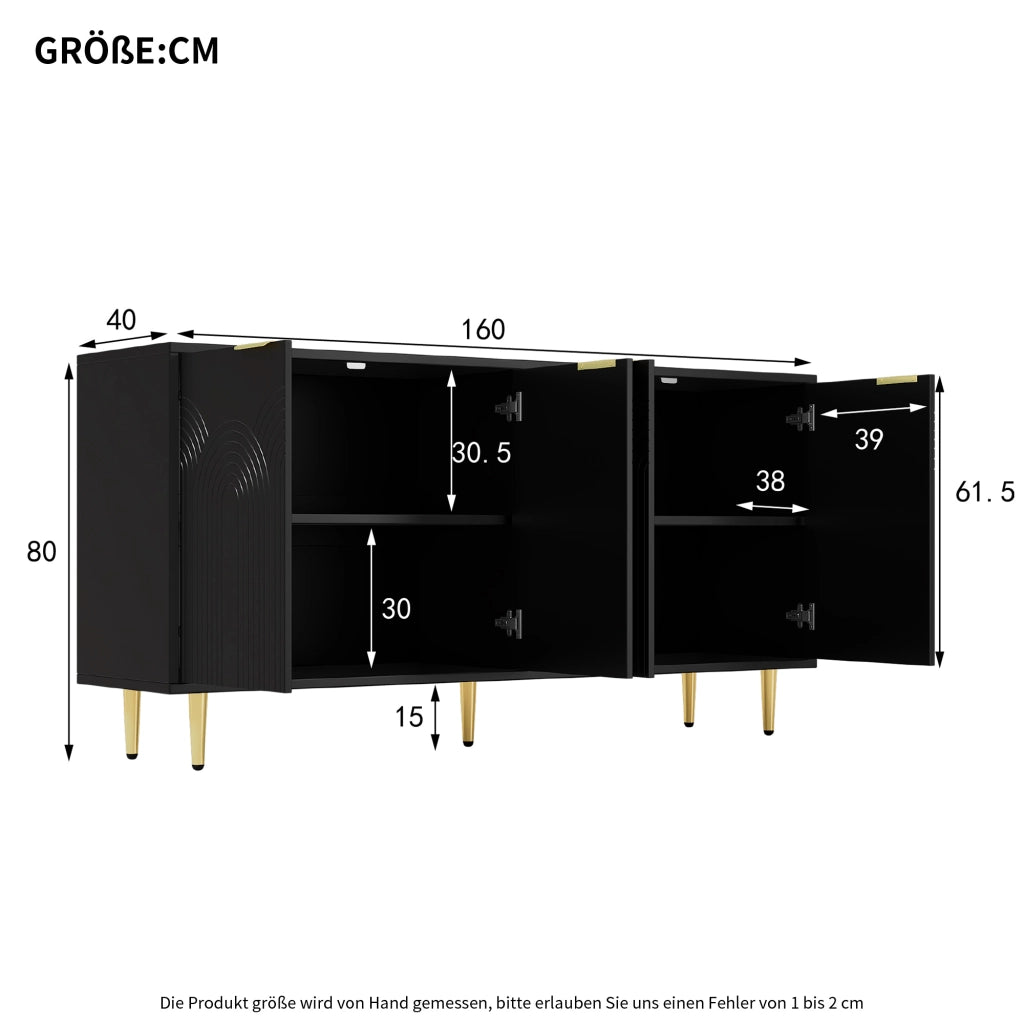 Credenza con 4 ante e ripiani regolabili; chiusura soft-close - per soggiorno - 160x40x80 cm - in MDF e truciolare - nero