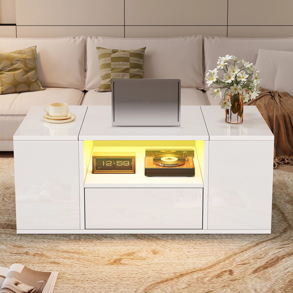 Tavolino basso con 1 cassetto 2 vani chiusi e vano aperto con LED finitura lucida in pannelli di particelle bianco