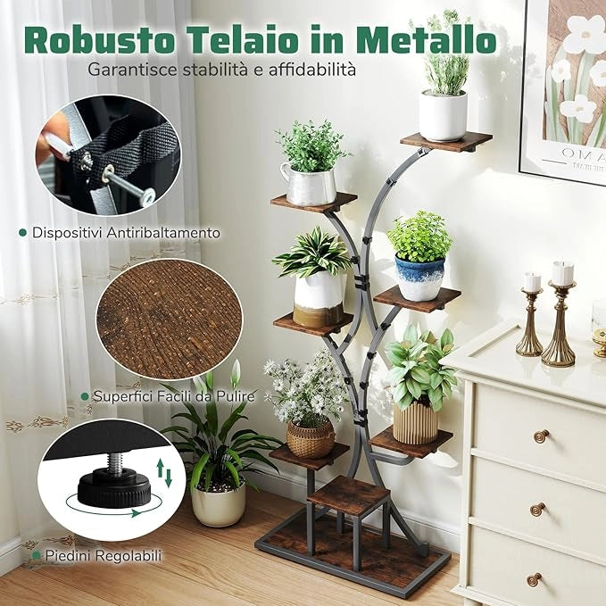 Scaffale per Piante da Interno ed Esterno, Porta Piante con Luci di Crescita, 8 Ripiani in Metallo ad Angolo, Porta Vasi per Balcone, Giardino e Soggiorno, 67 x 30 x 146 cm