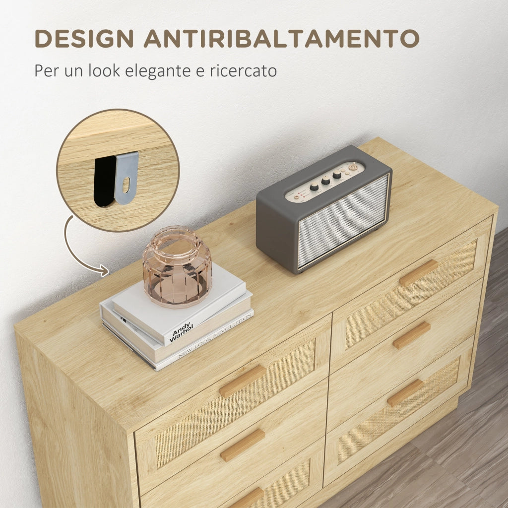 Cassettiera 6 Cassetti Stile Boho 110x40x69 cm in Legno e Rattan Rovere