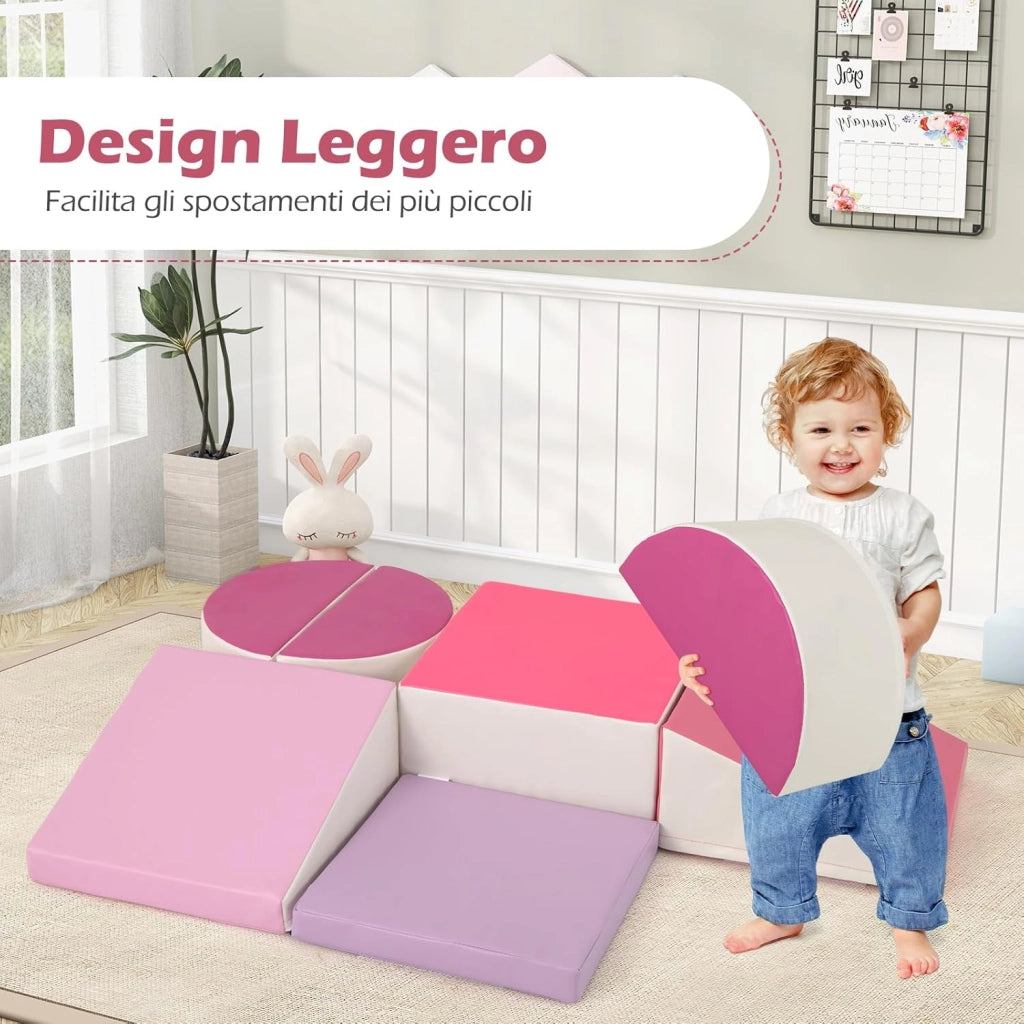 Set di 6 Blocchi di Schiuma per Arrampicata per Bambini, Blocchi in Schiuma per Arrampicarsi e Strisciare, Costruzione Mattoncini Morbidi per Bambini 12+ Mesi (Rosa)