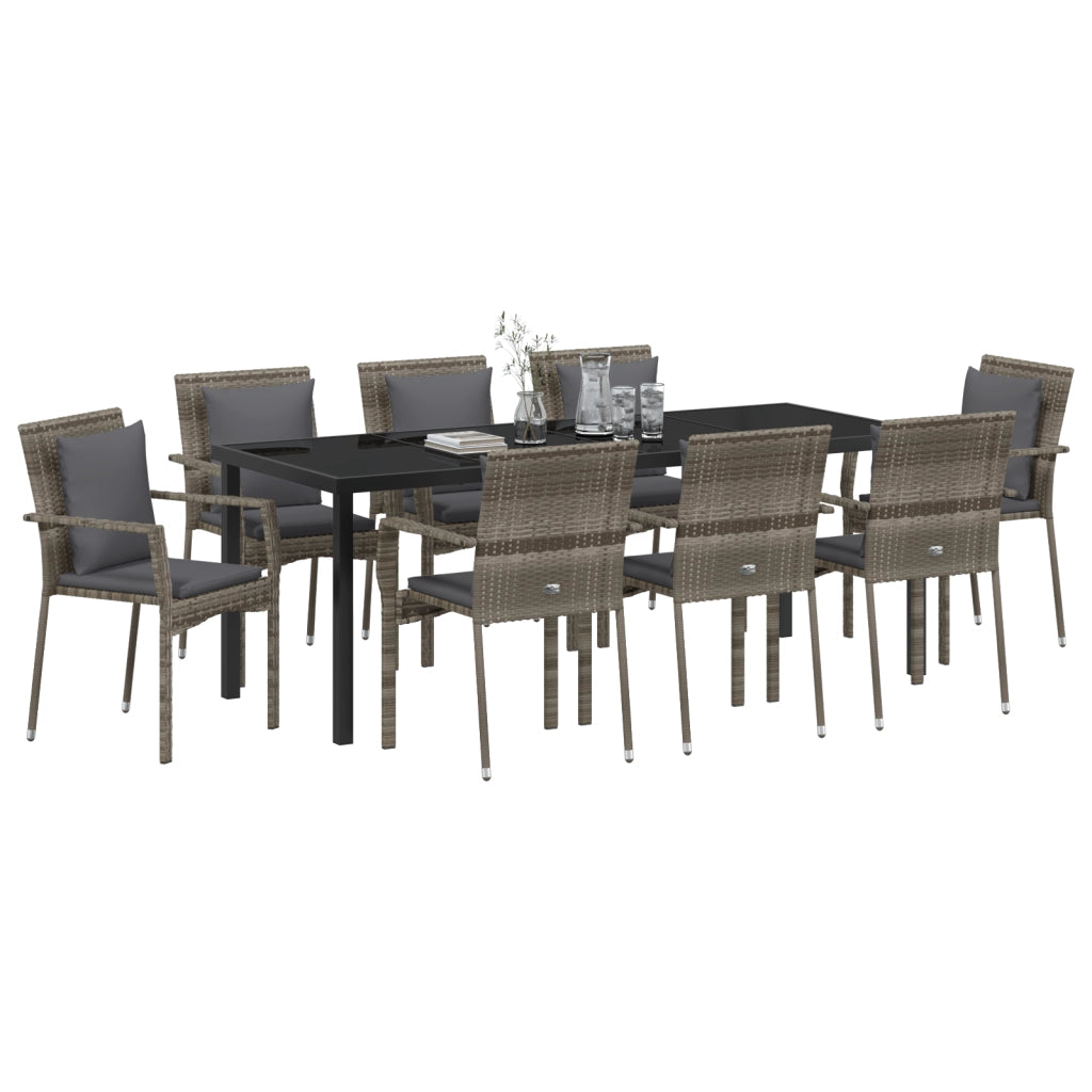 Set da Pranzo da Giardino da 9 Pezzi Con Cuscini Grigio Polyrattan
