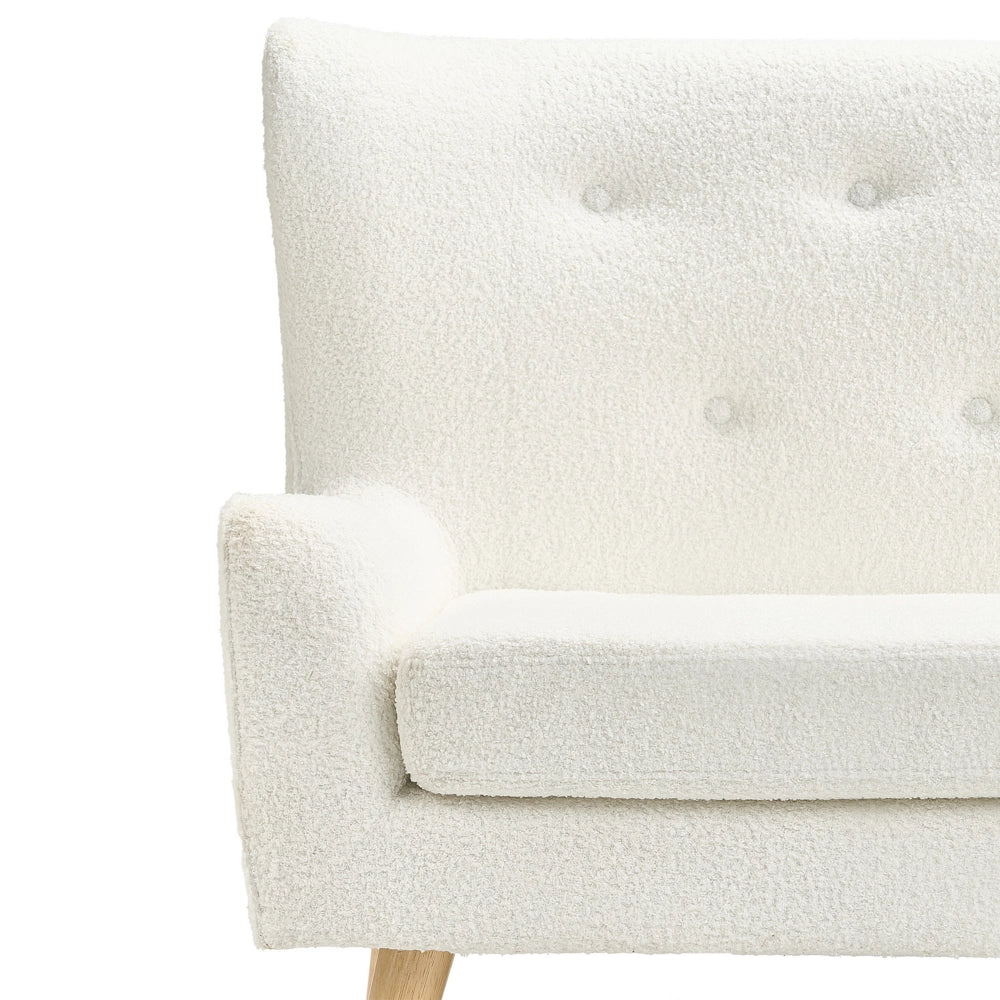 Divano da cucina Tappezzeria in poliestere bouclé bianco a 2 posti Wingback con gambe in legno chiaro