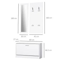 Mobile per Ingresso in Legno Set 3 Pezzi con Scarpiera, Appendiabiti e Specchio, 80x27x46.5cm - Bianco