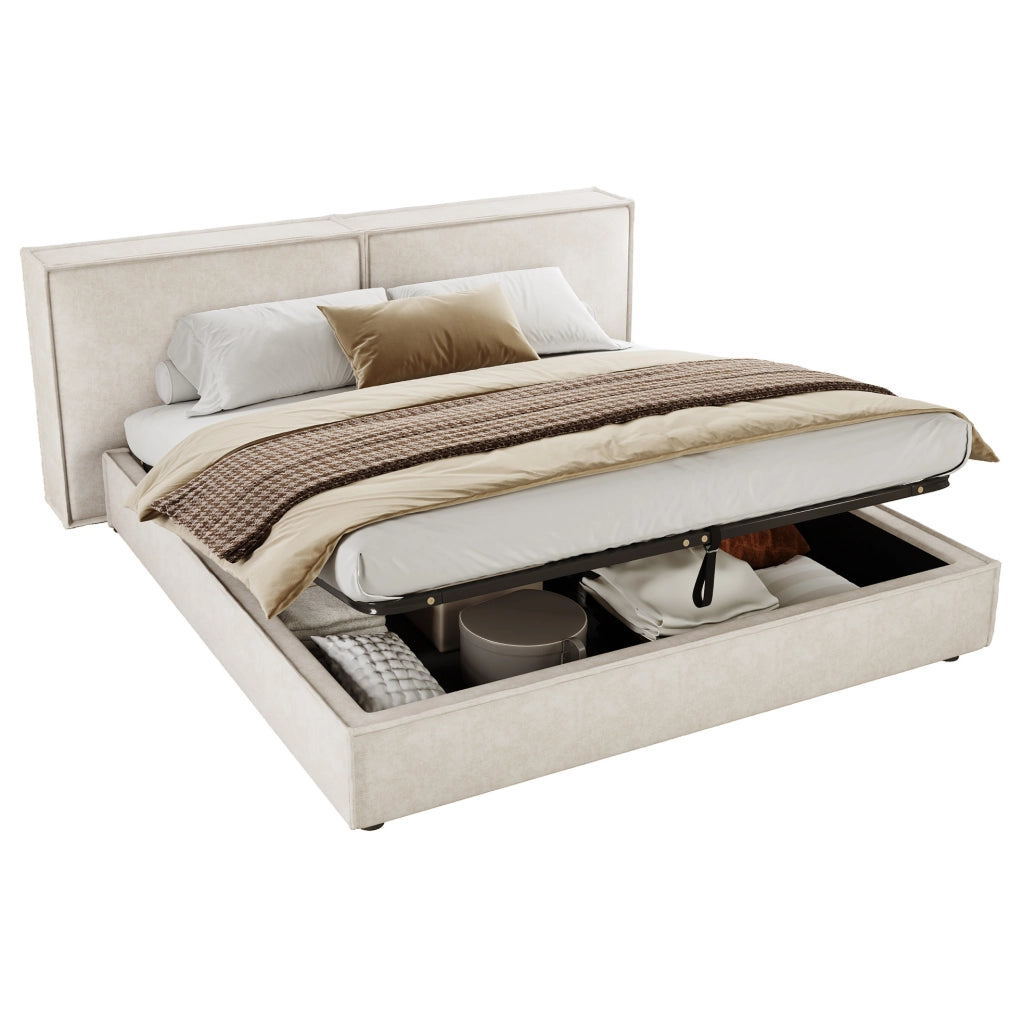 Letto contenitore imbottito 160x200 cm in chenille beige con rete inclusa
