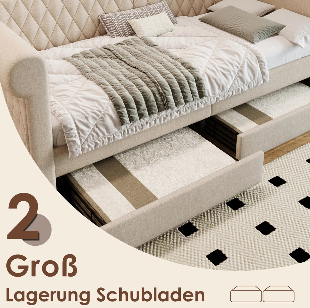 Letto singolo 90x200 cm con 2 cassetti in lino beige