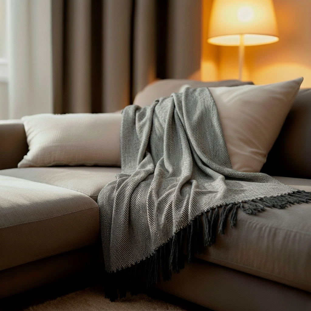 100% cotone plaid nero con frange 130x170cm ZIGGY