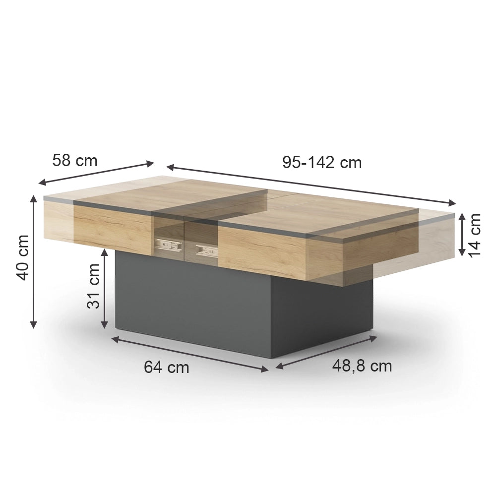 Vicco Tavolino Antracite/quercia dorata 95 x 58 cm Estensibile