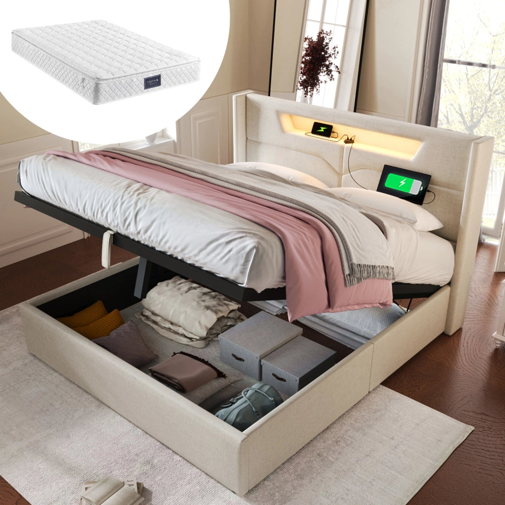 Letto matrimoniale imbottito 160x200 cm in lino beige con LED; USB e porta Type C