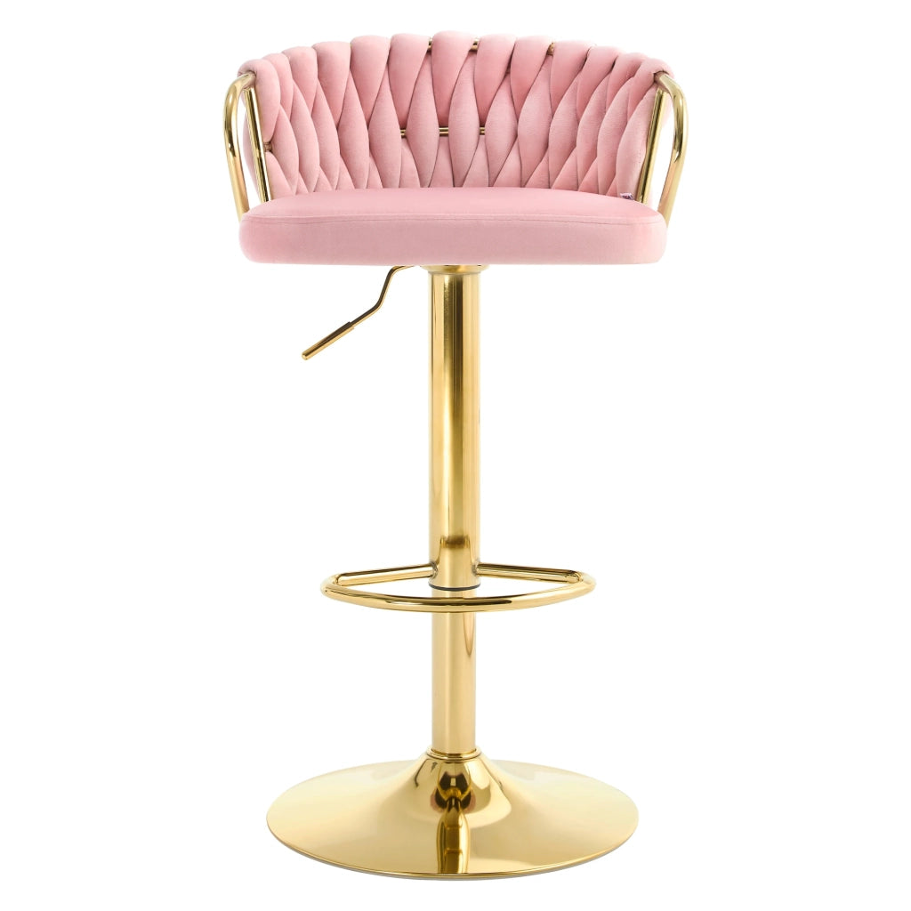 Sgabello bar girevole in velluto rosa con schienale, braccioli e altezza regolabile 77-98 cm