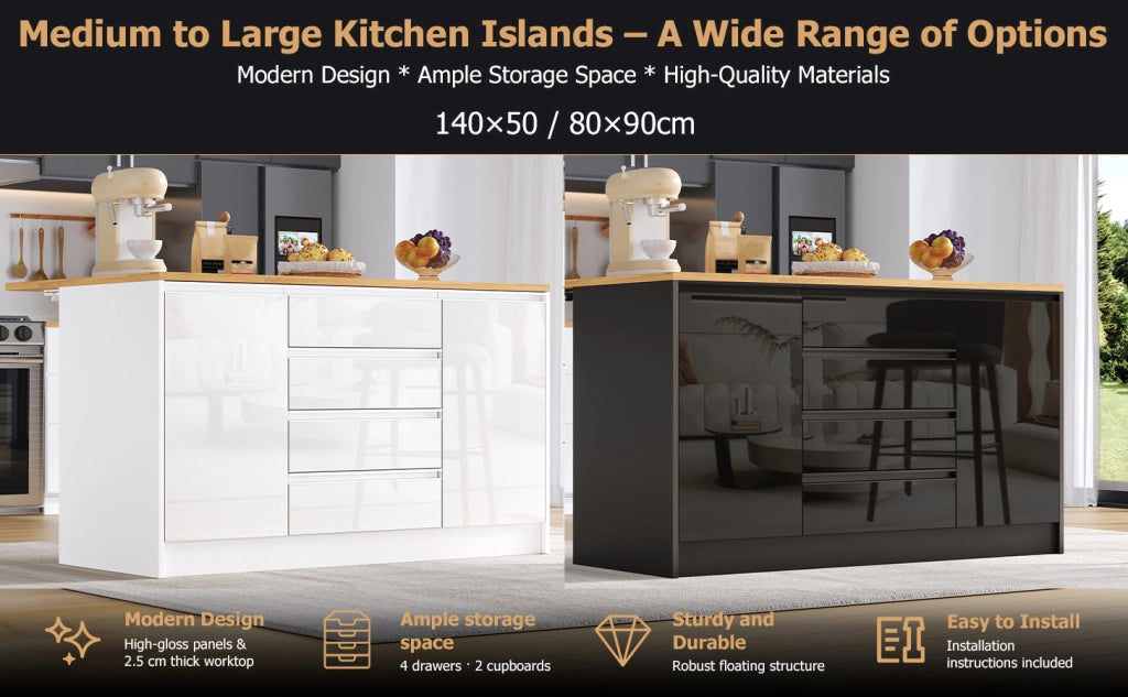 Isola Cucina con Piano Allungabile ¨C MINIMAL ¨C Bianco, 4 Cassetti, 2 Ante, 140 cm