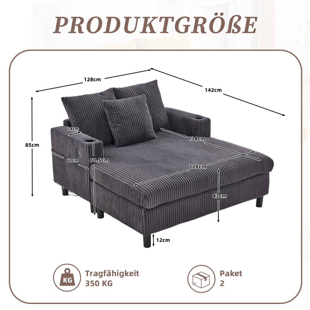 POLTRONA RELAX 142x128x85 cm in velluto a coste Grigio scuro con LED, USB e portabicchiere