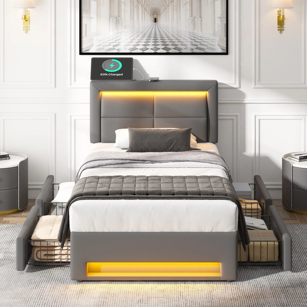 Letto imbottito 90x190 cm con USB; LED e 4 cassetti; PU grigio
