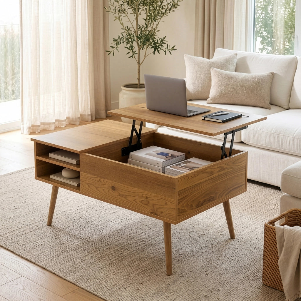 Tavolino da Salotto Vasdabod con Piano Sollevabile e 2 Vani Aperti 96 x 59 x 50 cm - Effetto Rovere [en.casa]