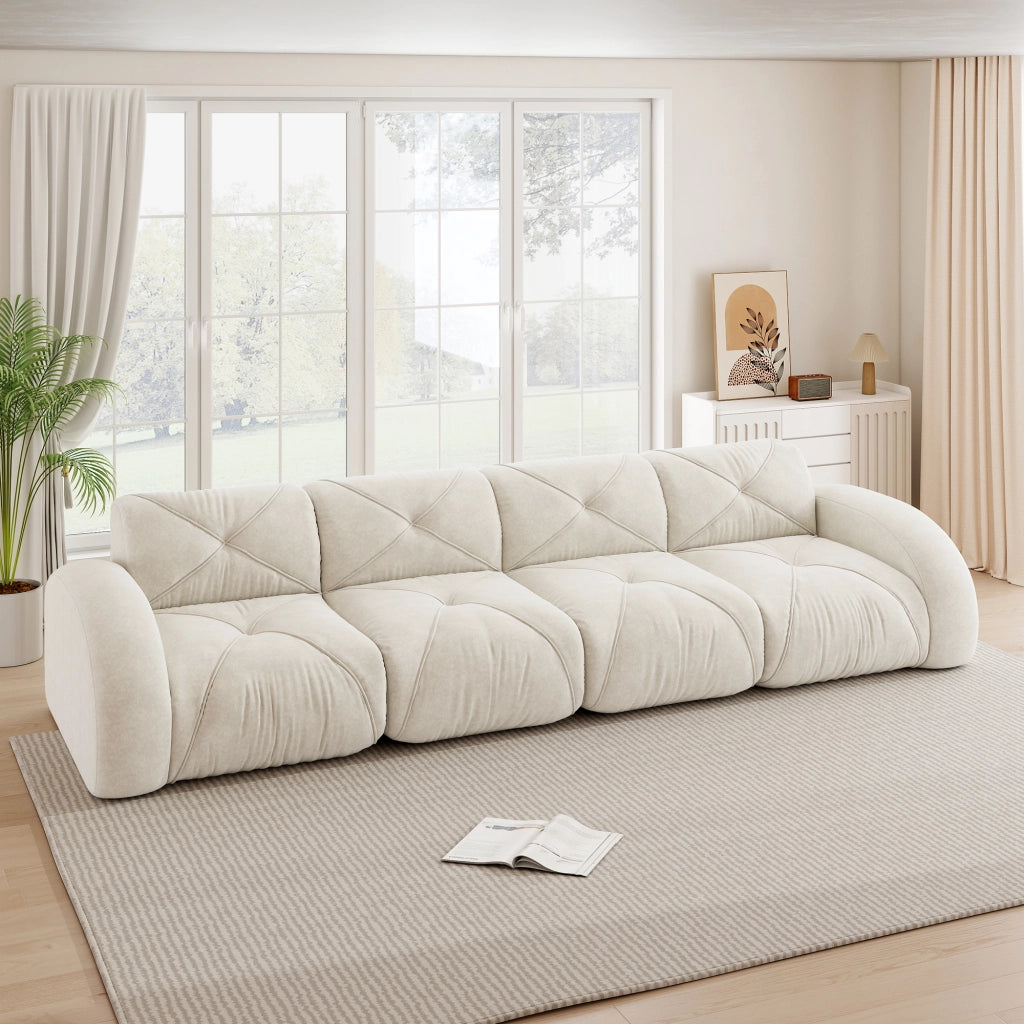 Divano modulare 4 posti senza telaio; in schiuma 32D; morbido; ciniglia; beige chiaro