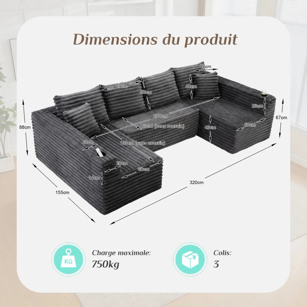 Divano modulare a U in corduroy con portabicchieri e tasca laterale cuscini grigio scuro 320 × 155 × 88 cm