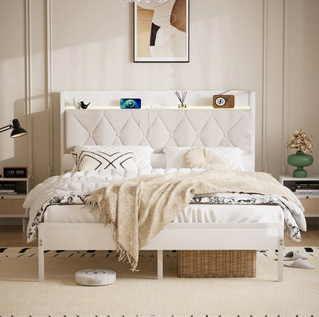 Letto imbottito 140x190 cm con testiera LED e USB in lino; acciaio e pannello truciolare bianco