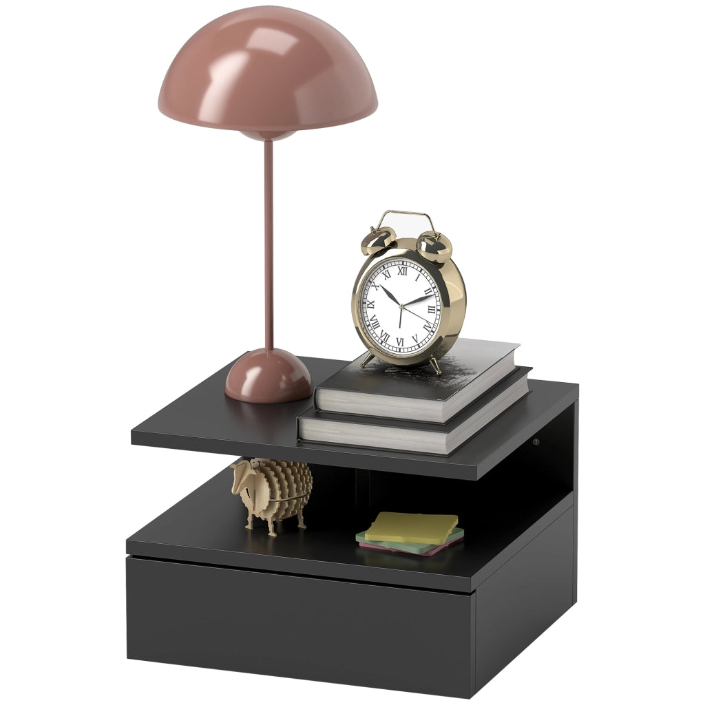 Comodino Sospeso per Camera da Letto con Cassetto e Mensola in Legno, 35x32x22.5cm, Nero