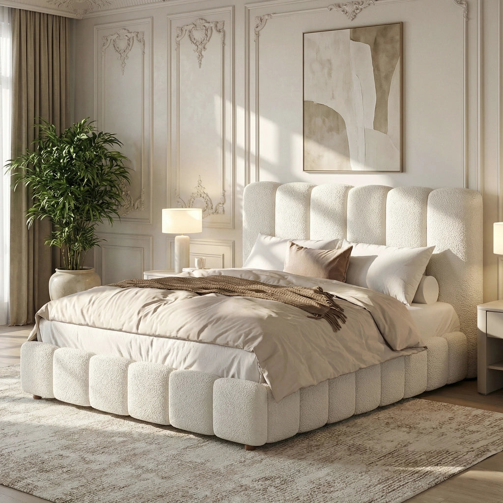 Letto imbottito con contenitore idraulico e testiera, 140x200 cm, bouclé bianco