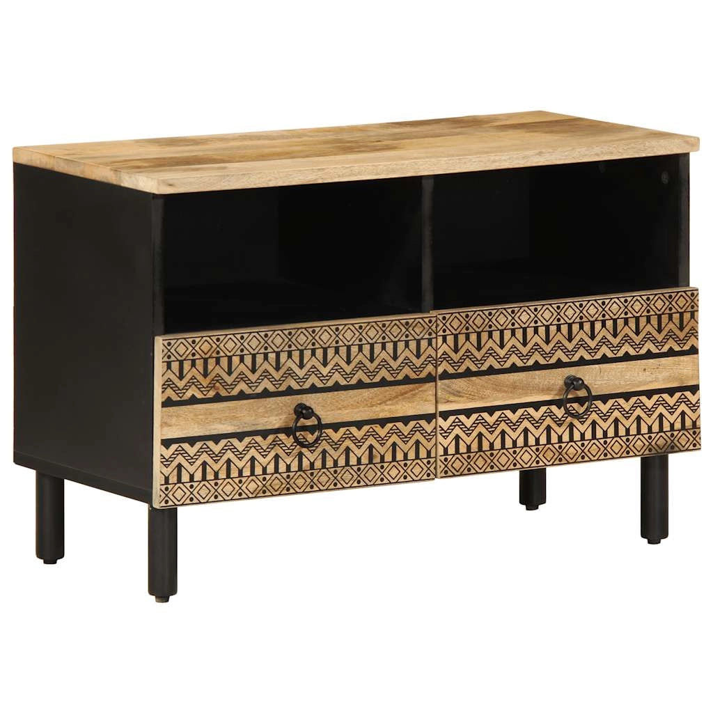 Mobile porta TV industriale nero 70 x 33 x 46 cm con pratico contenitore stile moderno realizzato in legno massello di mango grezzo 02_0057833
