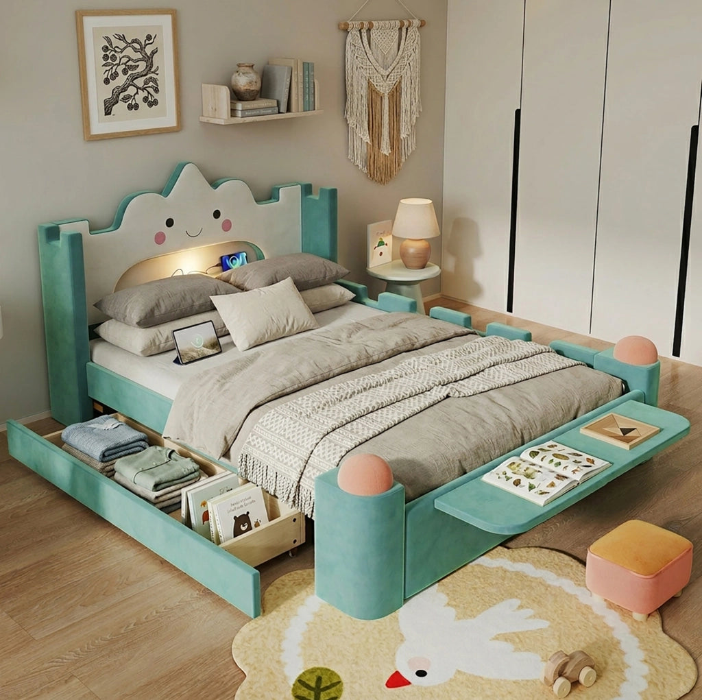 Letto imbottito per bambini a nuvola 140x200 cm blu-verde
