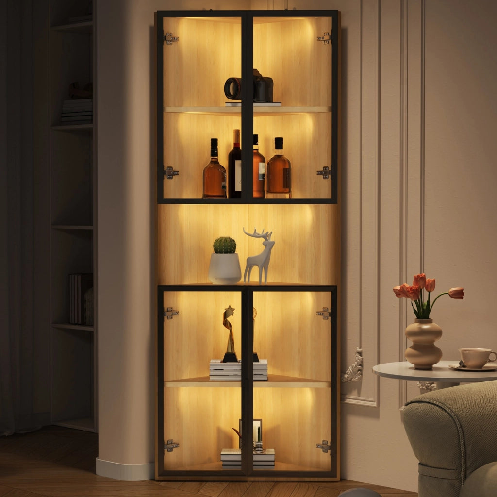 Vetrina angolare con LED 62 x 32 x 160 cm in MDF effetto rovere e vetro temperato