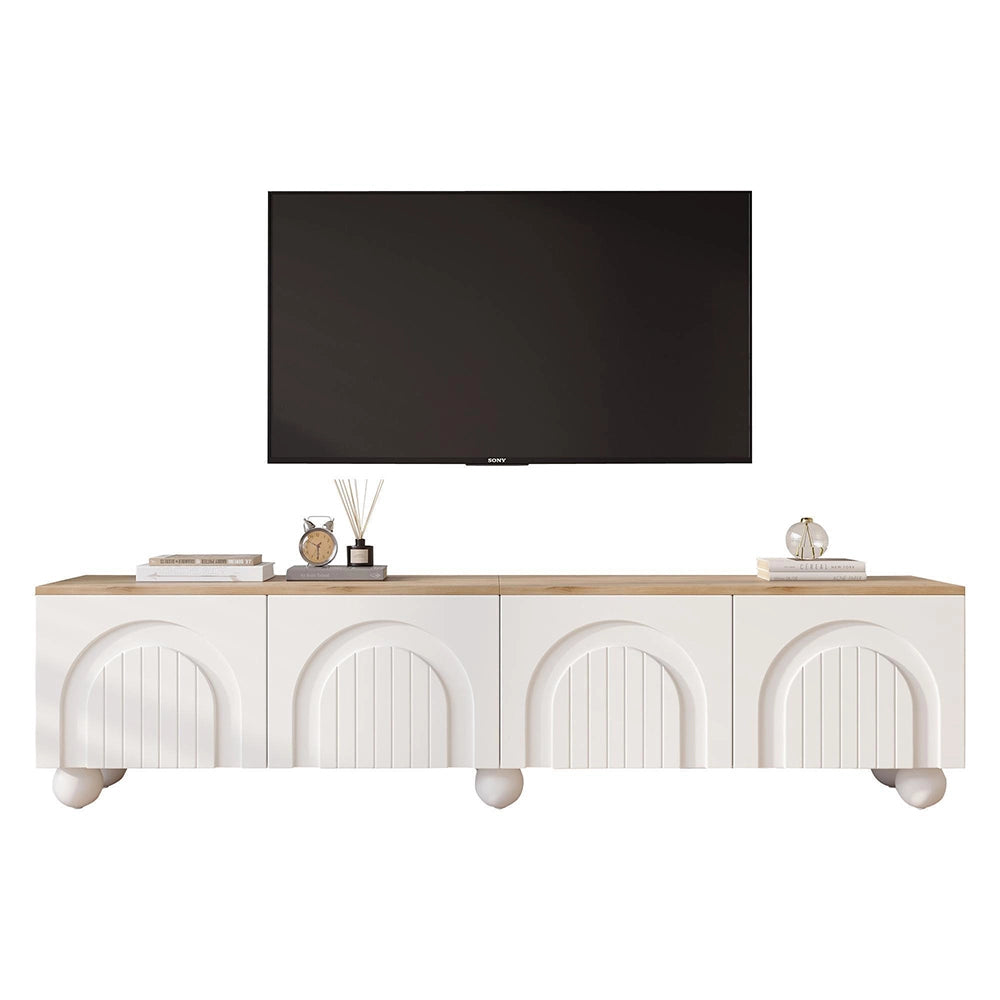 Mobile TV 180x40x45cm - Xylo - 4 Ante, 6 Piedi Sferici, Legno e Bianco, fino a 80"