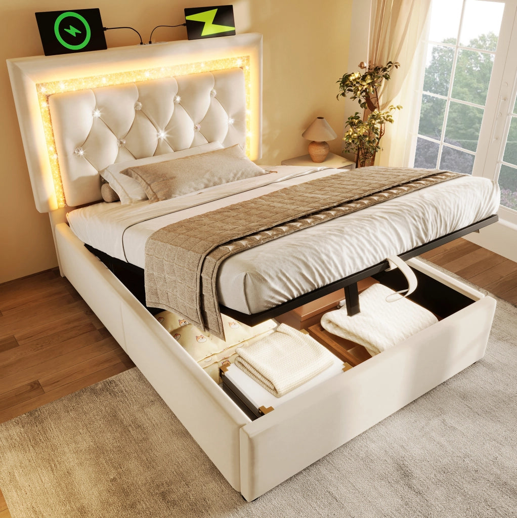 Letto singolo 90x200 cm con contenitore; LED e porta USB C; velluto beige