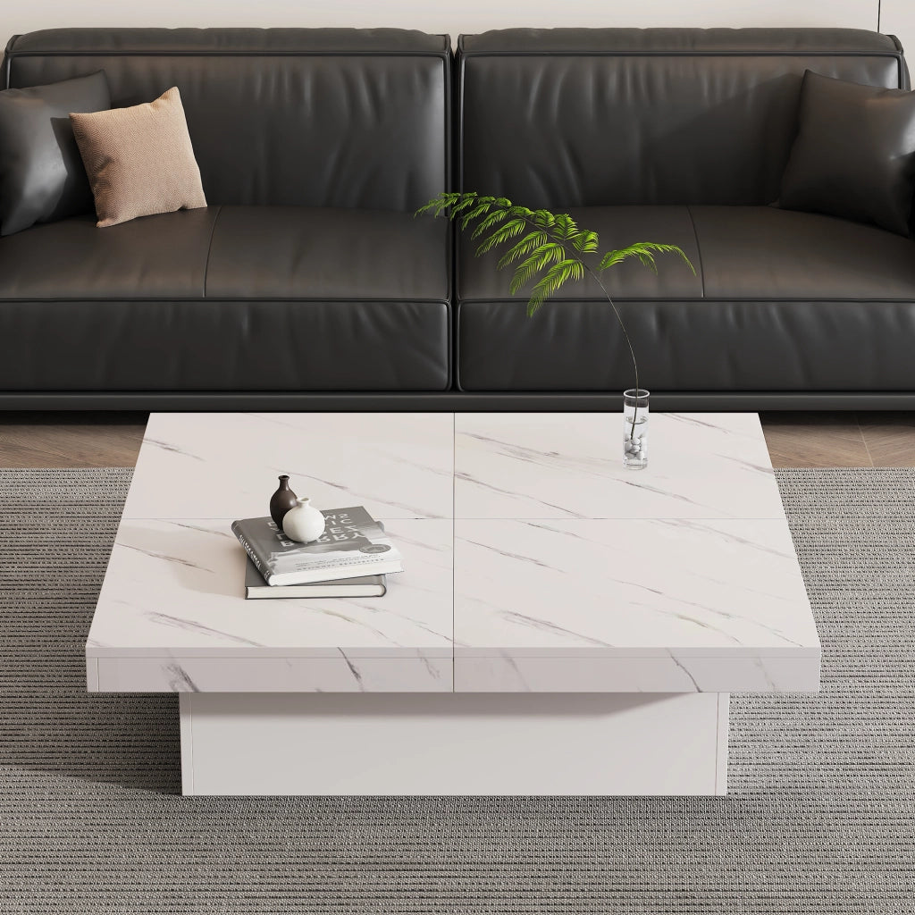 Tavolino da caff¨¨ quadrato moderno bianco con effetto marmo, 90 x 90 x 25 cm, 4 cassetti, piano scorrevole, portata fino a 30 kg