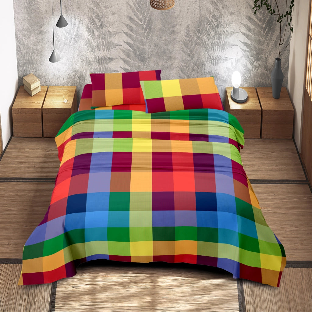 Completo Letto Matrimoniale No Stiro Set Lenzuola In Morbida Microfibra Anallergica Lenzuolo Sotto Con Angoli Elastici Fino 30 Cm, Lenzuolo Teso Sopra 2 Federe Prodotto Italiano  Chess Multicolor