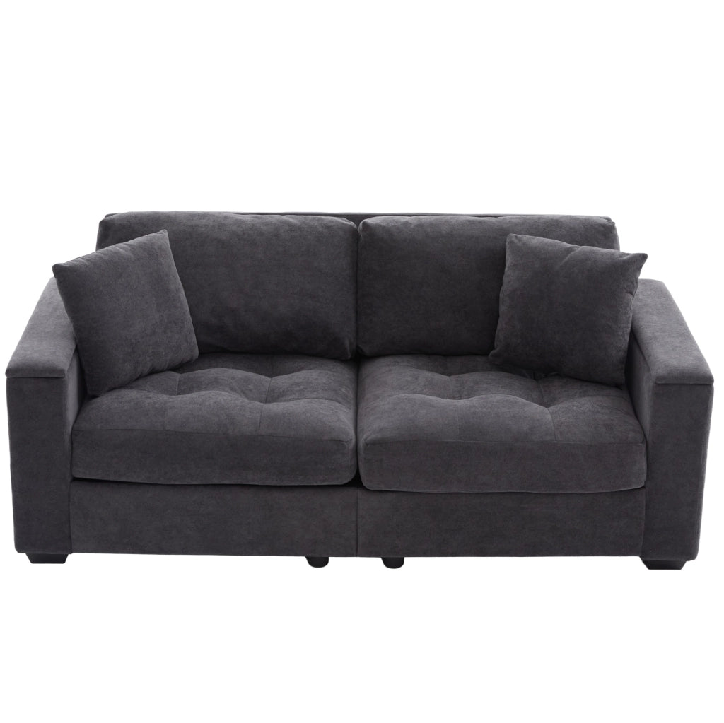 Divano 2 posti moderno in chenille grigio scuro con contenitore nei braccioli e cuscini