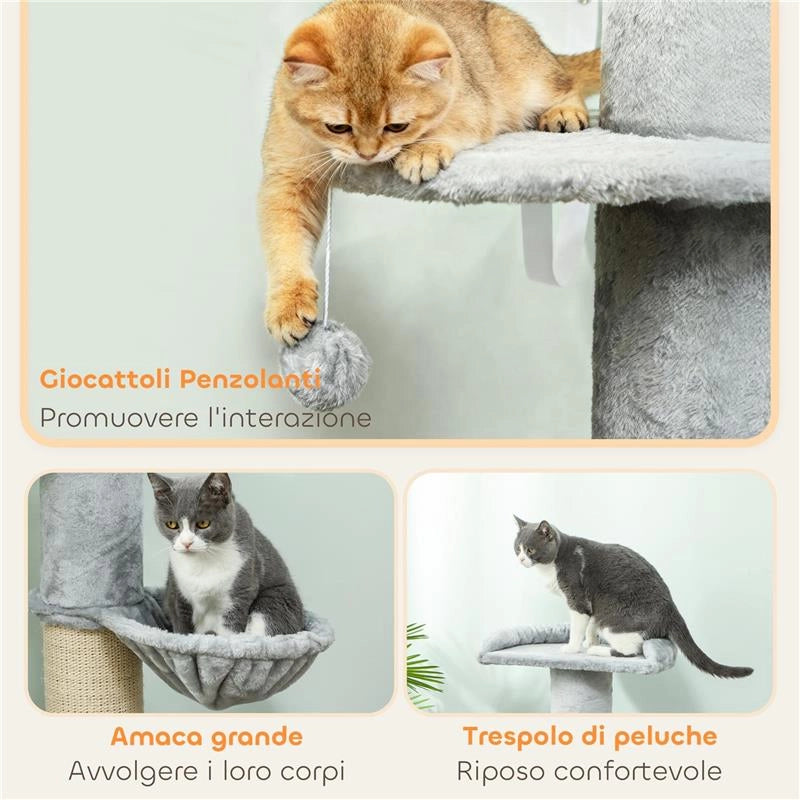 ALBERO TIRAGRAFFI PER GATTI ALTO 103.5 CM CON LETTINO E AMACA, RIVESTIMENTO IN PELUCHE, GRIGIO CHIARO
