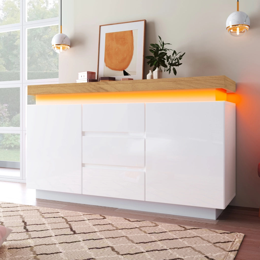 Cassettiera Sideboard con Ante e LED ¨C MINIMAL ¨C Bianco Lucido 140x81x39