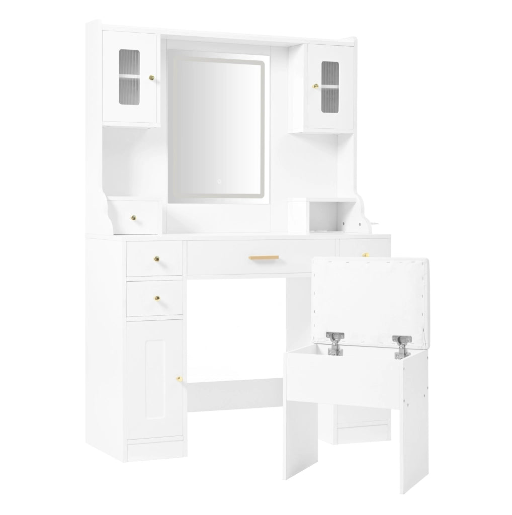 Toeletta ULEVR 105x40x152 cm con specchio LED, 6 cassetti, 4 ante e prese USB/Type-C, bianca
