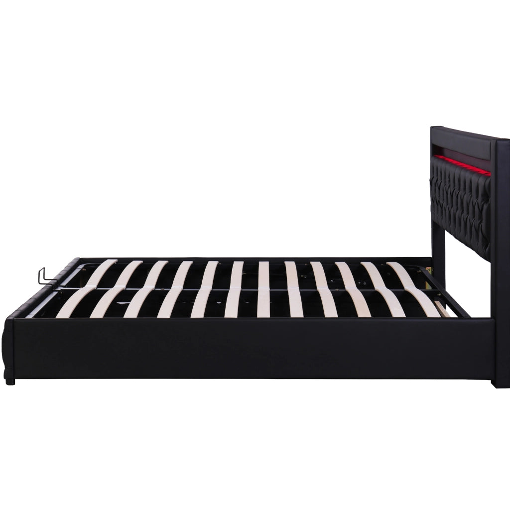 Letto capitonn茅 matrimoniale 140 x 190 cm in PU nero con rete a doghe; contenitore e LED