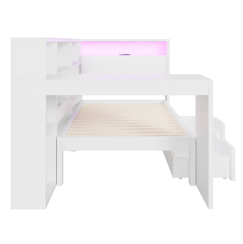 Letto a L con scrivania e libreria integrata 90x200 cm in MDF e multistrato; bianco
